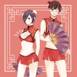 Rule 34 | 1boy, 1girl, absurdres, alternate costume, alternate hairstyle, arms behind back, bad id, bad pixiv id, bare arms, bare shoulders, black hair, blush, breasts, cleavage, clothing request, commentary request, crossdressing, double bun, hair bun, hair over one eye, hair ribbon, hand fan, highres, holding, kaneki ken, kirishima touka, large breasts, looking at viewer, mole, mole on breast, navel, pale skin, purple hair, red background, red skirt, ribbon, skirt, smile, tokyo ghoul, toukaairab