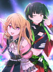 Rule 34 | 2girls, ;d, ascot, black capelet, black hair, blonde hair, blunt bangs, breasts, capelet, checkered sleeves, cleavage, clenched teeth, collared shirt, colored inner hair, commentary request, cowboy shot, crop top, detached sleeves, gradient hair, green hair, hair between eyes, hand on own hip, hand up, highres, hoshino ruby, idol, idol clothes, idolmaster, idolmaster shiny colors, kiyakyuu, layered skirt, long hair, looking at viewer, mayuzumi fuyuko, medium breasts, midriff, mismatched pupils, multicolored hair, multiple girls, navel, neck ribbon, one eye closed, one side up, open mouth, orange eyes, oshi no ko, pink eyes, pink ribbon, pleated skirt, red skirt, ribbon, shirt, sidelocks, skirt, sleeveless, sleeveless shirt, smile, sparkle, stage lights, star-shaped pupils, star (symbol), symbol-shaped pupils, teeth, two side up, upper teeth only, v, white ascot