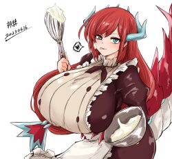Rule 34 | 1girl, absurdres, apron, blue horns, bowl, breasts, dragon, dragon girl, dragon horns, dragon tail, duel monster, food, food on face, highres, holding, holding bowl, holding whisk, horns, huge breasts, kitchen dragonmaid, maid, maid apron, red hair, solo, tail, tkool man, tongue, tongue out, whisk, yu-gi-oh!