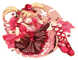 Rule 34 | 1girl, ;d, biscuit krueger, blonde hair, blush, dress, drill hair, hair ribbon, heart, heart-shaped pupils, hunter x hunter, lolita fashion, long hair, mary janes, momochiko, one eye closed, open mouth, pink eyes, ribbon, shoes, smile, solo, symbol-shaped pupils, twintails