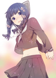 Rule 34 | 1girl, arms behind back, blue eyes, blue hair, braid, cherry blossoms, flower, freckles, hair flower, hair ornament, matching hair/eyes, mattaku mousuke, midriff, navel, open mouth, original, own hands clasped, own hands together, school uniform, serafuku, skirt, smile, solo, twin braids