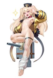 Rule 34 | 1girl, absurdres, ankle socks, armpits, azur lane, bache (azur lane), bandaid, bandaid on knee, bandaid on leg, belt, blonde hair, blush, cleft of venus, collar, fangs, flat chest, full body, hat, highres, jacket, kairunoburogu, long hair, looking at viewer, navel, nipples, nude, ok sign, pussy, red collar, red eyes, short shorts, shorts, simple background, smile, socks, solo, thighhighs, thighs, toes, twintails, two side up, white background, white socks