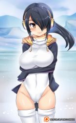 Rule 34 | 10s, 1girl, arm across waist, black hair, blush, breast hold, breasts, breath, brown eyes, cameltoe, covered navel, cowboy shot, day, emperor penguin (kemono friends), gluteal fold, hair over one eye, headphones, highleg, highleg leotard, hinghoi, hip bones, hood, hoodie, ice, kemono friends, large breasts, leotard, light smile, lips, long hair, looking at viewer, multicolored hair, open clothes, open hoodie, patreon logo, pink lips, sky, solo, streaked hair, thighhighs, watermark, web address, white leotard, white thighhighs, wind