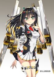 Rule 34 | 1girl, black hair, breasts, char&#039;s counterattack, character name, fin funnels, floating hair, gradient background, green eyes, gundam, hand on own chest, highres, i.takashi, looking down, mecha musume, nu gundam, nu gundam double fin funnel type, personification, shield hair ornament, skirt, small breasts, solo, thigh strap, v-fin, white skirt