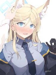 Rule 34 | 1girl, 1other, animal ear fluff, animal ears, black gloves, black jacket, blonde hair, blue archive, blue eyes, blue halo, blue necktie, blue shirt, blush, breasts, collared shirt, commentary request, gloves, halo, hand on another&#039;s head, hand up, highres, hyphen (samplelog), jacket, kanna (blue archive), large breasts, long hair, long sleeves, looking at viewer, necktie, off shoulder, open clothes, open jacket, open mouth, pov, sharp teeth, shirt, simple background, solo focus, sweatdrop, teeth, tie clip, twitter username, upper body, white background