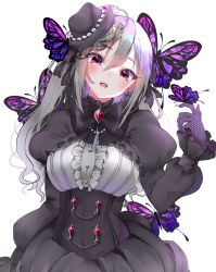 Rule 34 | 1girl, :o, black dress, blush, bow, bowtie, breasts, bug, butterfly, butterfly on hand, butterfly on head, dress, fishnet gloves, fishnets, gloves, gothic lolita, grey hair, hat, head tilt, highres, idolmaster, idolmaster cinderella girls, insect, juliet sleeves, kanzaki ranko, large breasts, lolita fashion, long sleeves, looking at viewer, looking down, mini hat, puffy sleeves, purple butterfly, red eyes, simple background, solo, upper body, wavy hair, white background, yuanagae