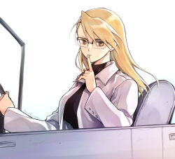Rule 34 | 1girl, bespectacled, black-framed eyewear, black shirt, blonde hair, breasts, brown eyes, car, closed mouth, driving, finger to mouth, from side, fullmetal alchemist, glasses, hair down, hand up, highres, index finger raised, jacket, large breasts, long sleeves, looking at viewer, motor vehicle, official alternate costume, open clothes, open jacket, over-rim eyewear, riza hawkeye, semi-rimless eyewear, shirt, shushing, simple background, solo, swept bangs, takafuji yuna, turtleneck, twitter username, upper body, white background, white jacket