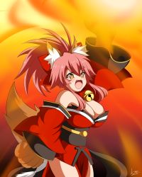 Rule 34 | 1girl, absurdres, animal ear fluff, animal ears, animal hands, bell, blush stickers, breasts, cat paws, cleavage, collar, commentary, commentary request, fangs, fate/grand order, fate (series), fire, fox ears, fox girl, fox tail, gloves, hair ribbon, highres, jingle bell, k (kite), large breasts, long hair, looking at viewer, neck bell, open mouth, paw gloves, pink hair, red ribbon, ribbon, solo, tail, tamamo (fate), tamamo cat (fate), yellow eyes