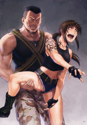 Rule 34 | 1boy, 1girl, absurdres, anger vein, asymmetrical bangs, azasuke, belt, black gloves, black lagoon, black shirt, blue shorts, boots, breasts, brown eyes, brown hair, censored, clenched teeth, fingerless gloves, floating hair, gloves, green footwear, grey background, hand on another&#039;s hip, hetero, highres, jewelry, leg grab, long hair, medium breasts, micro shorts, midriff, mosaic censoring, navel, necklace, open mouth, outstretched arm, penis, ponytail, pubic hair, rape, revy (black lagoon), saliva, saliva trail, scan, sex, shirt, short hair, shorts, sidelocks, sleeveless, sleeveless shirt, stomach, tattoo, teeth, torn clothes, torn shorts, vaginal, very long hair