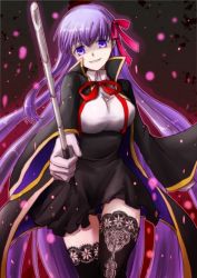 Rule 34 | 10s, 1girl, bb (fate), bb (fate), bb (fate/extra), blue eyes, breasts, fate/extra, fate/extra ccc, fate (series), hair ribbon, hayase chitose, lace, lace-trimmed legwear, lace trim, long hair, purple eyes, purple hair, ribbon, solo, staff, thighhighs, very long hair