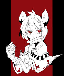 Rule 34 | 1girl, animal ears, bishamonten&#039;s pagoda, bright pupils, bug, capelet, centipede, cropped torso, gloves, hair between eyes, highres, holding, jewelry, massakasama, monochrome, mouse ears, nazrin, pendant, red background, red eyes, short hair, solo, touhou, upper body, white pupils