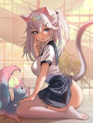Rule 34 | 1girl, absurdres, animal, animal ears, ass, blue fur, blue skirt, blue tail, blush, breasts, cat ears, cat girl, cat tail, clothes lift, extra ears, fang, grey eyes, grey hair, hair ornament, hairpin, highres, indie virtual youtuber, kemonomimi mode, large breasts, long hair, looking at viewer, multicolored tail, open mouth, paw print socks, paw print soles, pink tail, pointy ears, ponytail, rosebell, school uniform, serafuku, shirt, side ponytail, silvervale, skirt, skirt lift, tail, tail raised, thighhighs, twintails, vei (vtuber), vei (vtuber) (11th costume), virtual youtuber, white serafuku, white shirt, white thighhighs, wolf