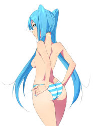 Rule 34 | 1girl, :o, ass, back, bad id, bad pixiv id, blue eyes, blue hair, blue nails, blue panties, breasts, butt crack, domo1220, from behind, hands on own hips, hatsune miku, highres, long hair, looking at viewer, looking back, matching hair/eyes, nail polish, panties, parted lips, simple background, small breasts, solo, standing, striped clothes, striped panties, topless, underwear, underwear only, very long hair, vocaloid, white background, white panties