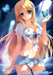 Rule 34 | 1girl, absurdres, bikini, blonde hair, blue eyes, blush, bug, butterfly, floral print, hair ornament, hairpin, highres, image sample, bug, long hair, looking at viewer, navel, open clothes, open shirt, original, shirt, solo, swimsuit, wading, water, youta