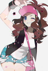 Rule 34 | 1girl, arm up, bag, black vest, blue eyes, blue shorts, brown hair, creatures (company), game freak, hat, highres, hilda (pokemon), kawasaki (kwsk 8765), looking at viewer, nintendo, one eye closed, open clothes, open vest, pokemon, pokemon bw, shirt, short shorts, shorts, shoulder bag, sleeveless, sleeveless shirt, smile, solo, star (symbol), teeth, vest, white background, white hat, white shirt