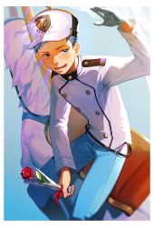 Rule 34 | 1boy, arm up, aynoh, blue eyes, blue hair, collared shirt, flower, gloves, hat, highres, insignia, long sleeves, looking to the side, male focus, mechanical horse, open mouth, original, pants, rose, shirt, short hair, sitting, solo, spiked hair, sweat, sweatdrop, teeth, tongue, uniform