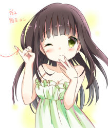 Rule 34 | 1girl, ;), amedamacon, bad id, bad pixiv id, bare arms, bare shoulders, blunt bangs, blush, breasts, brown hair, cleavage, closed mouth, commentary request, dated, dress, gochuumon wa usagi desu ka?, green dress, green eyes, hand to own mouth, lingerie, long hair, looking at viewer, nightgown, one eye closed, pinky out, sidelocks, sleeveless, small breasts, smile, solo, strapless, string, string of fate, translated, two-tone background, ujimatsu chiya, underwear, upper body