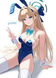 Rule 34 | 1girl, absurdres, animal ear hairband, animal ears, aqua bow, aqua bowtie, arm support, bare shoulders, blonde hair, blue archive, blue bow, blue eyes, blue hairband, blue halo, blue leotard, bow, bowtie, breasts, cleavage, closed mouth, covered navel, detached collar, earpiece, fake animal ears, hair intakes, hairband, halo, highleg, highleg leotard, highres, leotard, long hair, looking at viewer, medium breasts, playboy bunny, rabbit ear hairband, rabbit ears, sitting, skindentation, solo, strapless, strapless leotard, syc2159, thighhighs, thighs, toki (blue archive), toki (bunny) (blue archive), twitter username, v, white thighhighs, white wrist cuffs, wrist cuffs