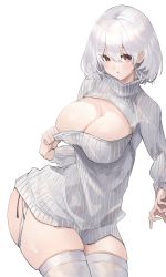 Rule 34 | 1girl, azur lane, blush, breasts, cleavage, earrings, ekaki no mime, grey sweater, highres, jewelry, large breasts, looking at viewer, medium hair, meme attire, open-chest sweater, red eyes, silver hair, sirius (azur lane), skindentation, solo, sweater, tagme, thighhighs, thighs, virgin killer sweater, white background, white thighhighs