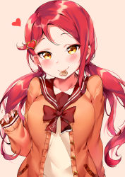 Rule 34 | 1girl, alternate hairstyle, blush, bow, bowtie, cardigan, cookie, food, hair ornament, heart, heart hair ornament, highres, long sleeves, looking at viewer, love live!, love live! school idol festival, love live! sunshine!!, mouth hold, nail polish, orange sweater, pink nails, red hair, sailor collar, sakurauchi riko, sleeves past wrists, solo, sweater, tan background, tem10, twintails, upper body, yellow eyes