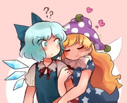 Rule 34 | 2girls, ?, ??, american flag dress, blonde hair, blue bow, blue dress, blue eyes, blue hair, blush, bow, bowtie, cirno, closed mouth, cloud, clownpiece, collared shirt, commentary request, dress, eyes visible through hair, fairy wings, grey dress, grey shirt, hair bow, hand up, hat, heart, hug, ice, ice wings, jester cap, long hair, looking at another, multicolored clothes, multicolored dress, multiple girls, myomyo, neck ruff, pink background, polka dot, puffy short sleeves, puffy sleeves, purple headwear, red bow, red bowtie, red dress, shirt, short hair, short sleeves, star (symbol), star print, striped clothes, striped dress, touhou, white background, wings, yuri