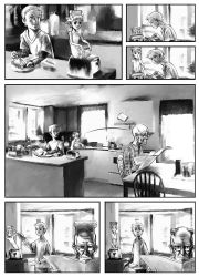 Rule 34 | 1girl, 2boys, bread slice, butter, comic, food, greyscale, monochrome, multiple boys, old, old man, silent comic, throwing, toast, toast-chan, toaster, what