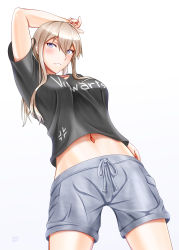 Rule 34 | 1girl, alternate costume, arm up, black shirt, blonde hair, casual, clothes writing, commentary request, cross, from below, graf zeppelin (kancolle), grey eyes, grey shorts, hair between eyes, highres, iron cross, kantai collection, long hair, looking at viewer, misono chiaki, navel, shirt, shirt overhang, shorts, sidelocks, simple background, solo, twintails, white background