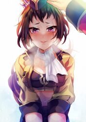 1girl 1other animal_ears ascot black_pants black_sports_bra blush breasts brown_hair byerley_turk_(umamusume) collarbone commentary_request ear_ornament garrison_cap hat headpat highres horse_ears horse_girl horse_tail horseshoe_ornament jacket leaning_forward medium_breasts midriff military_jacket nakamae_ayako navel nose_blush open_clothes open_jacket pants parted_lips scar scar_across_eye short_hair sidelocks solo_focus sports_bra sweat tail trainer_(umamusume) umamusume white_ascot yellow_headwear yellow_jacket