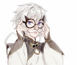 Rule 34 | 1boy, blue eyes, chinese clothes, csyday, unworn eyewear, fake facial hair, fake mustache, fate/grand order, fate (series), groucho glasses, glasses, grey hair, hair between eyes, holding, holding removed eyewear, male focus, prince of lan ling (fate), short hair, solo