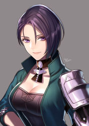 Rule 34 | 1girl, blue jacket, breasts, capelet, cleavage, closed mouth, collar, collarbone, commentary request, fire emblem, fire emblem: three houses, grey background, haru (toyst), jacket, long sleeves, looking at viewer, medium breasts, nintendo, open clothes, open jacket, pink lips, purple eyes, purple hair, shamir nevrand, short hair, simple background, smile, solo, upper body