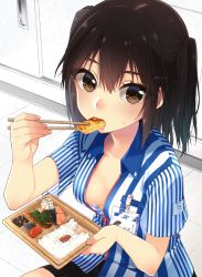 Rule 34 | 1girl, bento, blush, breasts, brown eyes, brown hair, chopsticks, eating, employee uniform, eyelashes, fingernails, food, holding, holding chopsticks, holding food, indoors, kantai collection, koruri, lawson, long hair, looking at viewer, name tag, open clothes, open shirt, rice, sendai (kancolle), shirt, shorts, sideboob, solo, striped clothes, striped shirt, sweat, twitter username, two side up, uniform, vertical-striped clothes, vertical-striped shirt