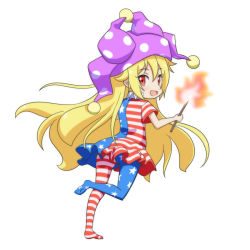 Rule 34 | 1girl, american flag dress, blonde hair, cato (monocatienus), chibi, clownpiece, dress, hat, jester cap, long hair, looking back, neck ruff, pantyhose, red eyes, short dress, solo, striped clothes, striped pantyhose, torch, touhou