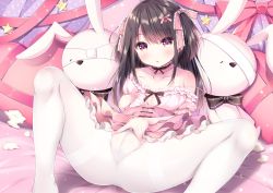Rule 34 | 1girl, bed sheet, black hair, blush, bow, cameltoe, commentary request, eyepatch, feet out of frame, frilled shirt, frills, hair bow, heart, layered skirt, medical eyepatch, nail polish, no panties, off-shoulder shirt, off shoulder, original, pantyhose, parted lips, pink bow, pink skirt, pleated skirt, puffy short sleeves, puffy sleeves, pussy, red eyes, shirt, short sleeves, skirt, solo, spread legs, stuffed animal, stuffed rabbit, stuffed toy, suzukawa yui, thighband pantyhose, two side up, white nails, white pantyhose, white shirt