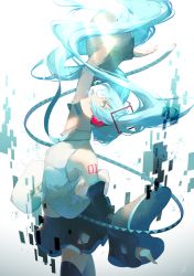 Rule 34 | 1girl, aqua eyes, aqua hair, arm up, bare shoulders, black thighhighs, blouse, blue necktie, body markings, collared shirt, cowboy shot, detached sleeves, floating hair, from side, hair ornament, hatsune miku, headphones, headset, highres, long hair, looking up, necktie, open mouth, parted lips, saihate (d3), shirt, shoulder tattoo, sidelocks, signature, skirt, sleeveless, solo, tattoo, thighhighs, twintails, very long hair, vocaloid, white shirt, wide sleeves, zettai ryouiki