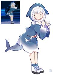 Rule 34 | 1girl, ^ ^, animal hood, ankle socks, bent over, blue hair, blue hoodie, blue socks, blush, clenched hands, closed eyes, closed mouth, commentary, english commentary, fins, fish tail, full body, gawr gura, gawr gura (1st costume), hands up, high tops, highres, hololive, hololive english, hood, hood up, hoodie, initial, leaning forward, long hoodie, long sleeves, ma draws, medium hair, multicolored hair, own hands together, photo-referenced, reference inset, shark fin, shark tail, shoes, sidelocks, signature, simple background, smile, sneakers, socks, solo, standing, streaked hair, tail, virtual youtuber, white background, white footwear, white hair
