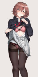 Rule 34 | 1girl, amagasa ikuta, black sweater, blush, bra, breasts, brown eyes, brown hair, cleavage, closed mouth, clothes lift, collared shirt, dress shirt, feet out of frame, gluteal fold, grey background, hair ornament, hairclip, head tilt, highres, higuchi madoka, idolmaster, idolmaster shiny colors, lifted by self, long sleeves, looking at viewer, miniskirt, mole, mole under eye, open clothes, open shirt, panties, panties under pantyhose, pantyhose, pink bra, pink panties, plaid, plaid skirt, pleated skirt, polka dot, polka dot bra, shirt, short hair, simple background, skirt, skirt lift, small breasts, solo, standing, striped clothes, striped panties, sweat, sweater, sweater lift, thigh gap, thighband pantyhose, unbuttoned, unbuttoned shirt, underwear, vertical-striped clothes, vertical-striped panties, white shirt, white skirt, wing collar