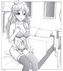 Rule 34 | 1girl, absurdres, bed, braid, breasts, bridal garter, cleavage, dated, french braid, garter straps, greyscale, h2 (h20000000), highres, kantai collection, lamp, large breasts, lingerie, long hair, medium breasts, monochrome, navel, open mouth, outside border, pillow, side braid, signature, sitting, smile, solo, thighhighs, tilted headwear, underwear, wavy hair, zara (kancolle)