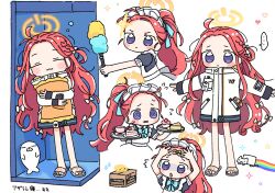 Rule 34 | 1girl, 1nupool, :3, :o, @ @, bandaid, bandaid on face, bandaid on forehead, blue archive, blue eyes, blush stickers, box, cake, cardboard box, closed eyes, crossed bandaids, duster, expressionless, food, forehead, halo, highres, holding, holding plate, in locker, jacket, long hair, maid, multiple views, open mouth, plate, ponytail, red hair, seal (animal), sparkle, very long hair, white jacket, yuzu (blue archive), yuzu (maid) (blue archive)