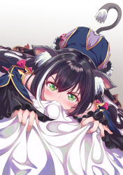 Rule 34 | 1girl, all fours, animal ear fluff, animal ears, bed sheet, black footwear, black hair, black legwear, blush, cat ears, cat girl, cat tail, commentary, detached sleeves, dress, fangs, frills, highres, kaltoma, karyl (princess connect!), long hair, long sleeves, looking at viewer, multicolored hair, princess connect!, sheet bite, sheet grab, solo, streaked hair, tail, tears, top-down bottom-up, white background, white hair