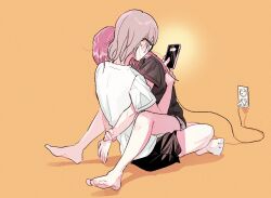 Rule 34 | 2girls, arm around waist, bare legs, barefoot, black shirt, black shorts, cellphone, charging device, commentary request, electrical outlet, feet, full body, glasses, grey hair, holding, holding phone, hug, korean commentary, love live!, love live! sunshine!!, medium hair, multiple girls, mumuir0315, phone, red hair, sakurauchi riko, shirt, short sleeves, shorts, simple background, sitting, sitting on lap, sitting on person, smartphone, toes, watanabe you, white shirt, yellow background, yuri