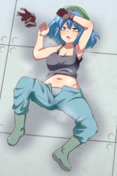 Rule 34 | 1girl, arm up, black tank top, blue eyes, blue hair, blue panties, blue pants, blush, boots, breasts, breath, brown gloves, cleavage, commentary request, flat cap, full body, gloves, green footwear, green hat, hat, highres, jeno, kawashiro nitori, lying, medium breasts, medium hair, navel, on back, on floor, open fly, open mouth, panties, pants, rubber boots, solo, tank top, textless version, touhou, underwear, unworn gloves