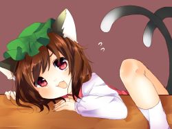 Rule 34 | 1girl, animal ears, bad id, bad twitter id, blush, brown background, brown hair, cat ears, cat tail, chen, commentary request, fang, fingernails, flying sweatdrops, green hat, hat, highres, karasusou nano, long fingernails, long sleeves, looking at viewer, mob cap, multiple tails, one-hour drawing challenge, open mouth, red eyes, short hair, simple background, socks, solo, tail, touhou, two tails, white socks