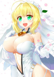 Rule 34 | 10s, 1girl, :d, absurdres, ahoge, arm strap, bare shoulders, bell, belt, blonde hair, blush, bodysuit, breasts, bridal veil, bride, buckle, bursting breasts, center opening, chain, cleavage, clenched hand, cowbell, cowboy shot, detached collar, detached sleeves, fate/extra, fate/extra ccc, fate (series), flower, flower wreath, foreshortening, from side, full-length zipper, gloves, green eyes, groin, hair intakes, hand up, happy, head wreath, highres, hip focus, large breasts, leotard, looking at viewer, minarai tenna, navel, nero claudius (bride) (fate), nero claudius (bride) (second ascension) (fate), nero claudius (fate), nero claudius (fate) (all), open mouth, outstretched arms, outstretched hand, petals, short hair with long locks, sidelocks, simple background, skindentation, smile, solo, standing, strapless, strapless leotard, thighhighs, unzipped, veil, wedd, white background, white flower, white gloves, white leotard, white thighhighs, wide sleeves, zipper, zipper pull tab