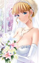 Rule 34 | 07th expansion, 1girl, beatrice (umineko), blonde hair, blue eyes, bouquet, breasts, bridal veil, cleavage, dress, earrings, flower, gloves, hairband, holding, holding bouquet, indoors, jewelry, large breasts, necklace, official art, resized, smile, strapless, strapless dress, umineko no naku koro ni, upscaled, veil, wedding dress, white dress, white gloves