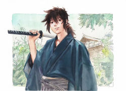 Rule 34 | 1boy, black hair, blue kimono, carrying over shoulder, character request, check copyright, copyright request, day, hakama, hand up, holding, holding sword, holding weapon, japanese clothes, katana, kimono, lkyt., long sleeves, looking at viewer, low ponytail, male focus, natsuhiro, outside border, over shoulder, ponytail, smile, solo, striped, sword, traditional media, unsheathed, upper body, weapon, weapon over shoulder