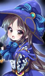 Rule 34 | 1girl, :o, belt, blue bow, blue bowtie, blue dress, blue gloves, blue hat, bow, bowtie, brown belt, brown eyes, brown hair, child, commentary request, dark background, dress, eyelashes, frilled sleeves, frills, gloves, hand up, hat, idolmaster, idolmaster cinderella girls, light blush, long hair, long sleeves, looking at viewer, sidelocks, solo, striped bow, striped bowtie, striped clothes, tachibana arisu, upper body, wizard hat, yumeno (rubbercup)