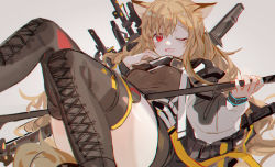 Rule 34 | 1girl, animal ears, arknights, boots, brown hair, ceobe (arknights), combat boots, cross-laced footwear, dog ears, dog girl, dog tail, hitokoto, holding, holding weapon, kneehighs, lace-up boots, long hair, looking at viewer, one eye closed, sitting, socks, solo, tail, thighhighs, very long hair, weapon