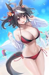 Rule 34 | 3girls, absurdres, ahoge, animal ears, arms up, bare shoulders, beach, bikini, bird, black bikini, black footwear, black hair, black one-piece swimsuit, blue sky, blush, breasts, brown hair, cleavage, commentary request, day, ear ornament, gold ship (run revolt launcher) (umamusume), gold ship (umamusume), hair between eyes, hair ornament, highres, holding, holding water gun, holster, horse ears, horse girl, horse tail, kitasan black (umamusume), large breasts, lens flare, long hair, long sleeves, medium hair, multicolored hair, multiple girls, navel, ocean, one-piece swimsuit, open clothes, open mouth, open shirt, outdoors, ponytail, red bikini, red eyes, sand, sandals, seagull, shirt, side-tie bikini bottom, sky, smile, solo focus, standing, standing on one leg, stomach, streaked hair, swimsuit, tail, teeth, thigh holster, tokai teio (umamusume), two-tone bikini, two side up, ugohato, umamusume, upper teeth only, water, water gun, white hair, white shirt