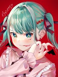 Rule 34 | 1girl, absurdres, bat wings, blood on mouth, commentary, ear piercing, fang, frilled shirt, frills, hair ornament, hatsune miku, heart, heart hair ornament, highres, jewelry, light blush, long hair, long sleeves, looking at viewer, piercing, pink shirt, red background, ribbon, shirt, smile, solo, song name, spiked ear piercing, spring onion earrings, twintails, vampire (vocaloid), vocaloid, wasemkn, wings, wiping mouth