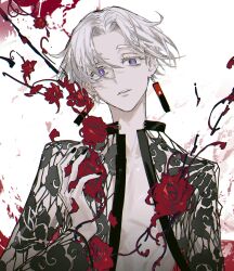 Rule 34 | 1boy, absurdres, black jacket, black nails, colored eyelashes, earrings, flower, hanafuda earrings, highres, jacket, jewelry, kurokawa izana, looking at viewer, male focus, open clothes, open jacket, parted lips, petals, purple eyes, red flower, remsrar, solo, tokyo revengers, white background, white hair